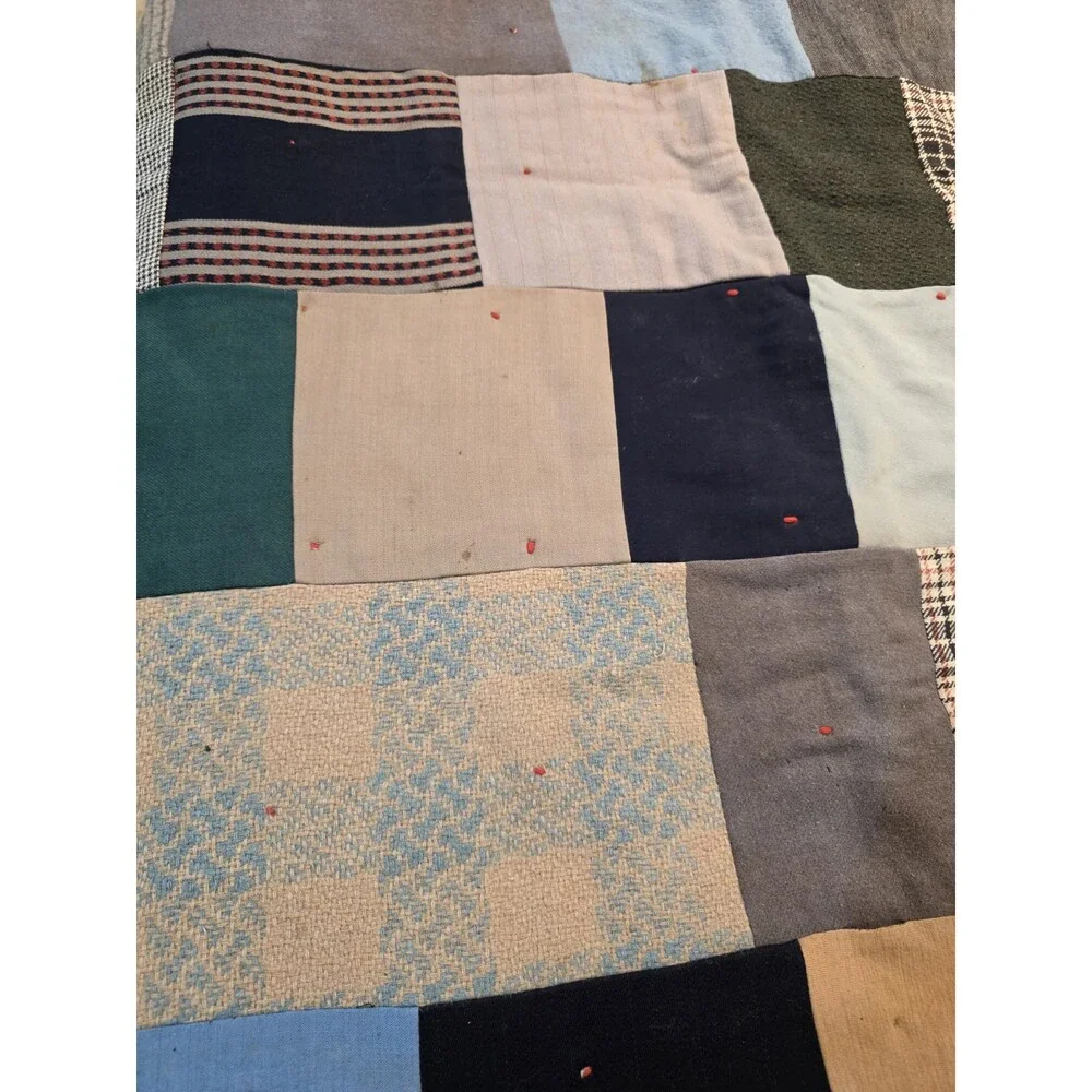 Vintage Handmade Wool Tied Patchwork Quilt 64x84 Plaid Houndstooth Suiting